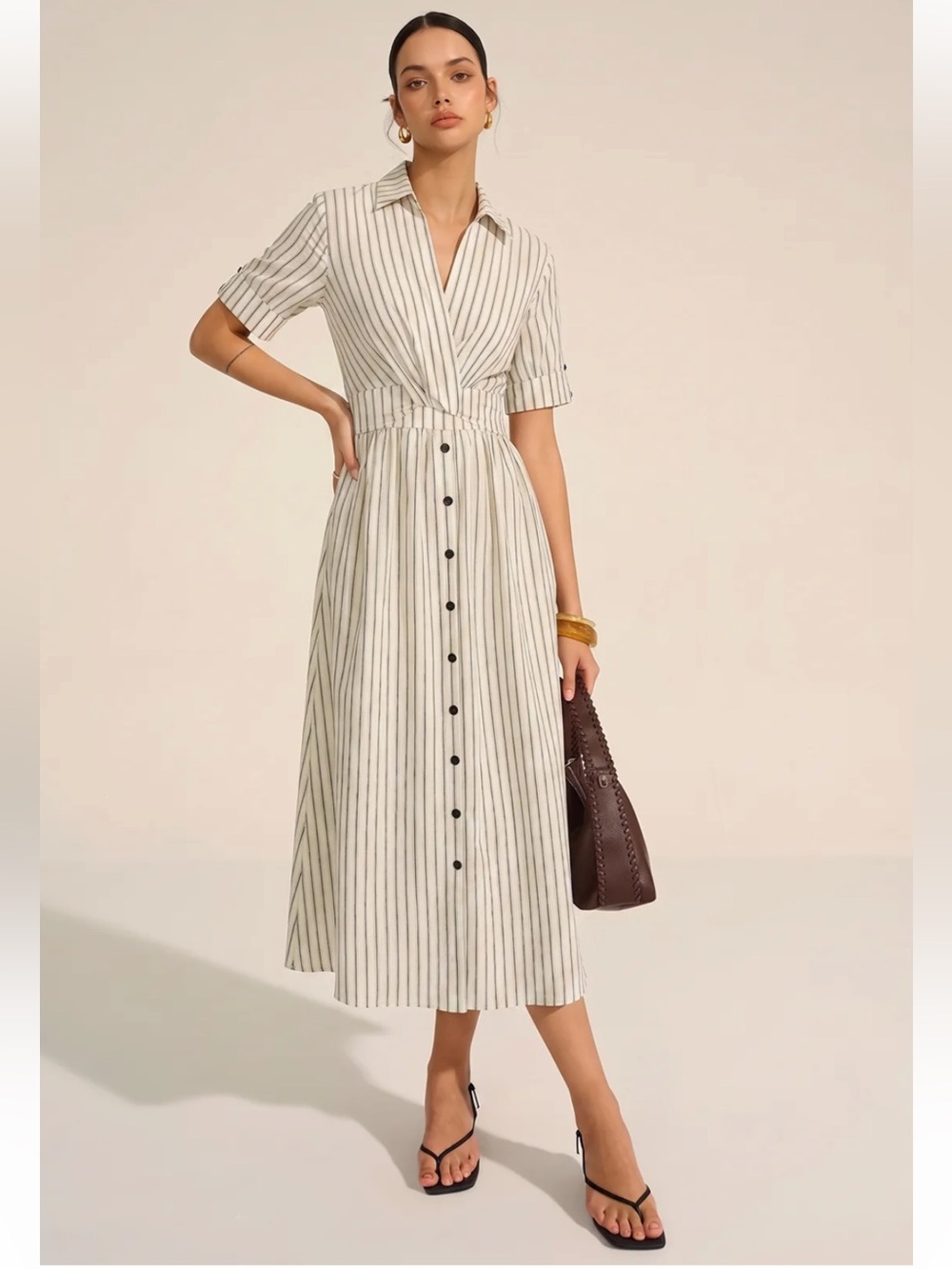 NWT Commense Cotton Linen Striped Midi Shirt Dress